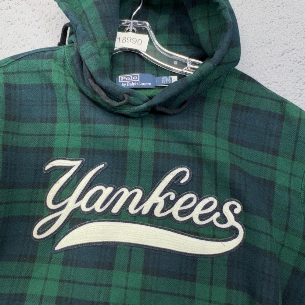 Polo Ralph Lauren Yankees Hoodie Mens Medium Green Plaid New York MLB Blackwatch - Picture 9 of 15